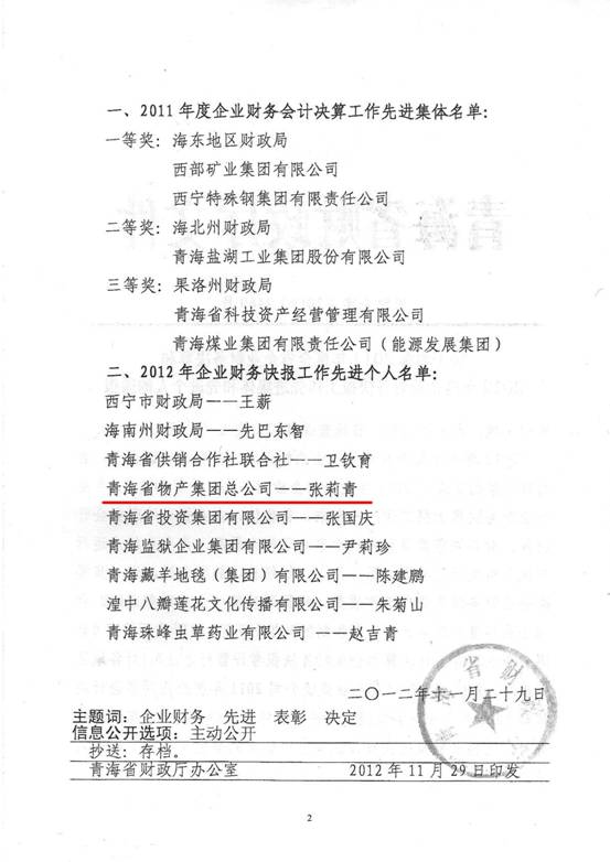 物產(chǎn)集團榮獲2011年度財務決算先進單位、2012年度財務快報工作先進個人表彰